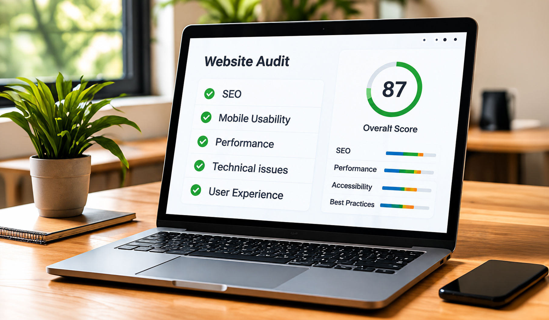 Laptop displaying a website audit report with an overall score of 87